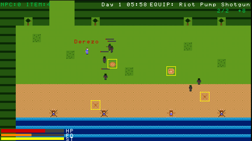 Combat against shamblers near a sand beach with the dinghy launch in view