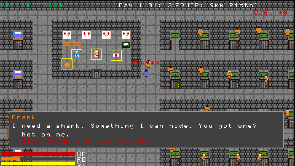 Player character speaking with Frank inside the prison: I need a shank. Something I can hide. You got one?