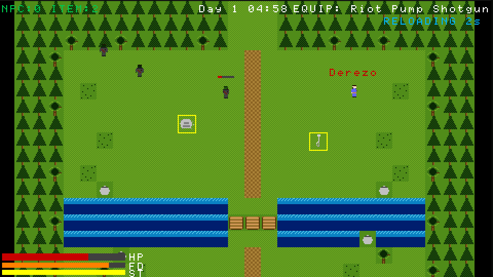 A forest clearing with a wooden bridge over a river, riot shotgun reloading