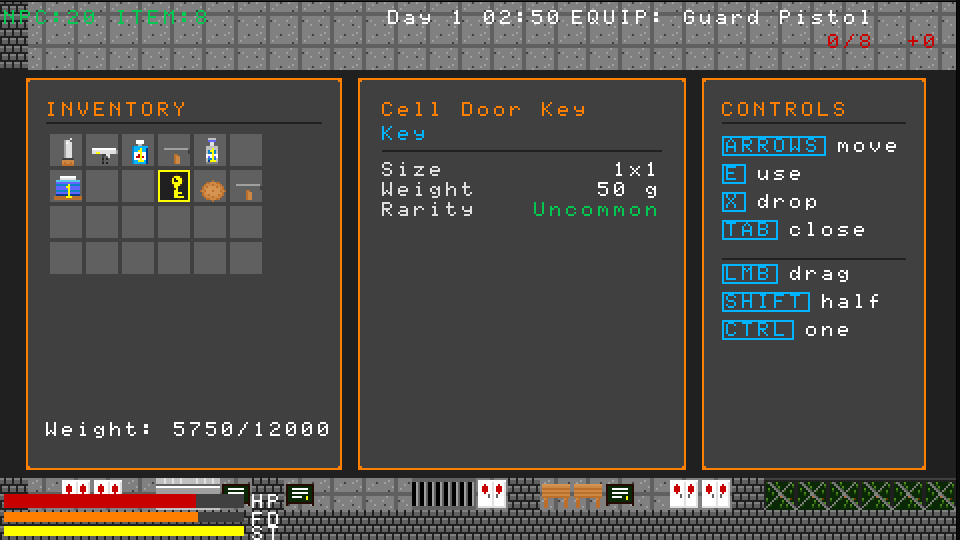 Inventory grid showing a cell door key selected with item details and key bindings