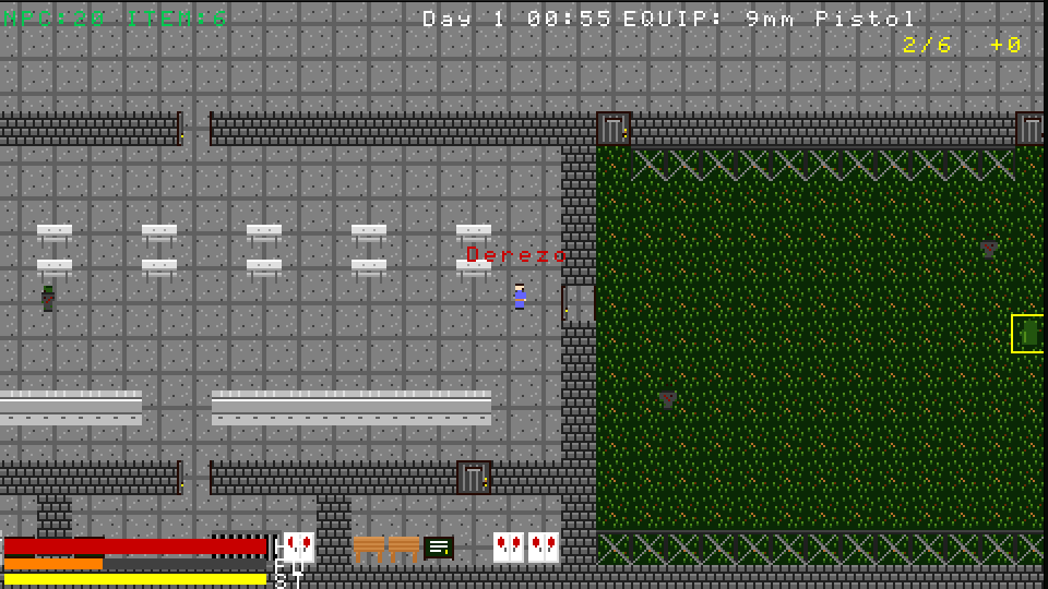 The prison interior, a guard in a green vest, fenced yard to the east
