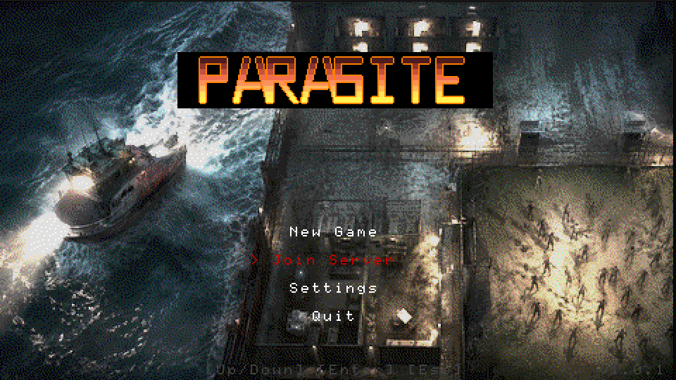 Parasite title screen: the word PARASITE in red over a rescue ship lit by searchlight, prison rooftops on the right
