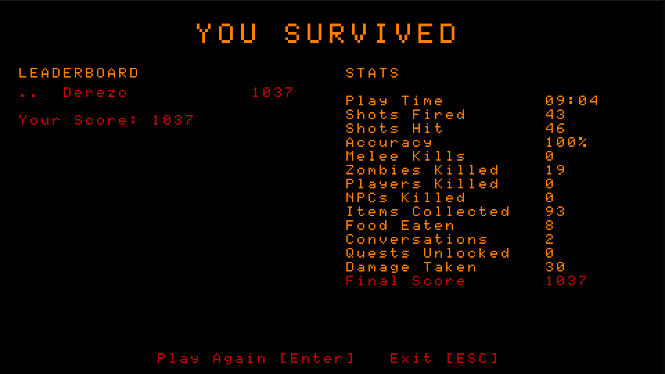 The end-of-run summary screen with leaderboard, play time, kills, accuracy, and final score